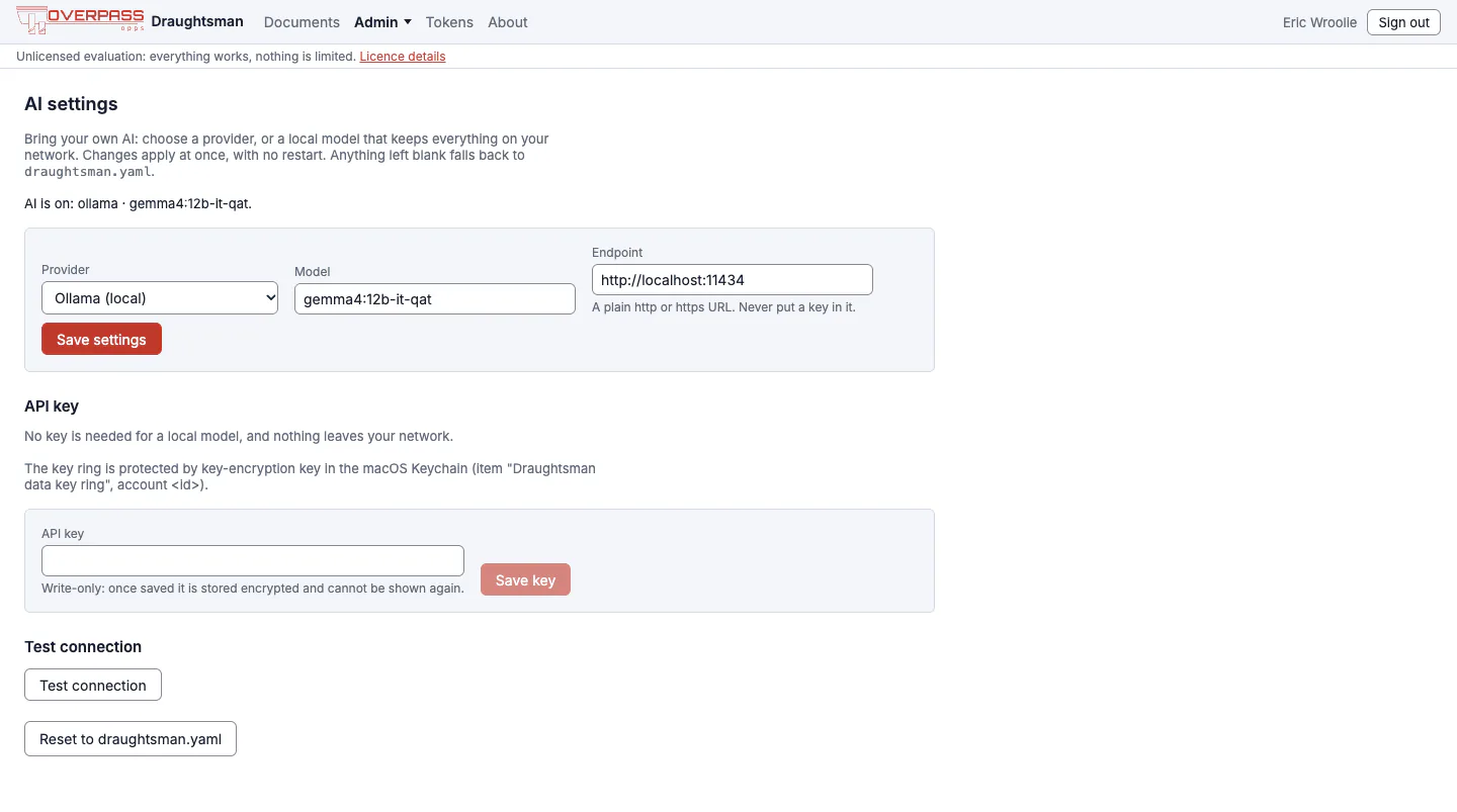 The AI settings page with Ollama (local) chosen as the provider, a local model name and the endpoint http://localhost:11434.