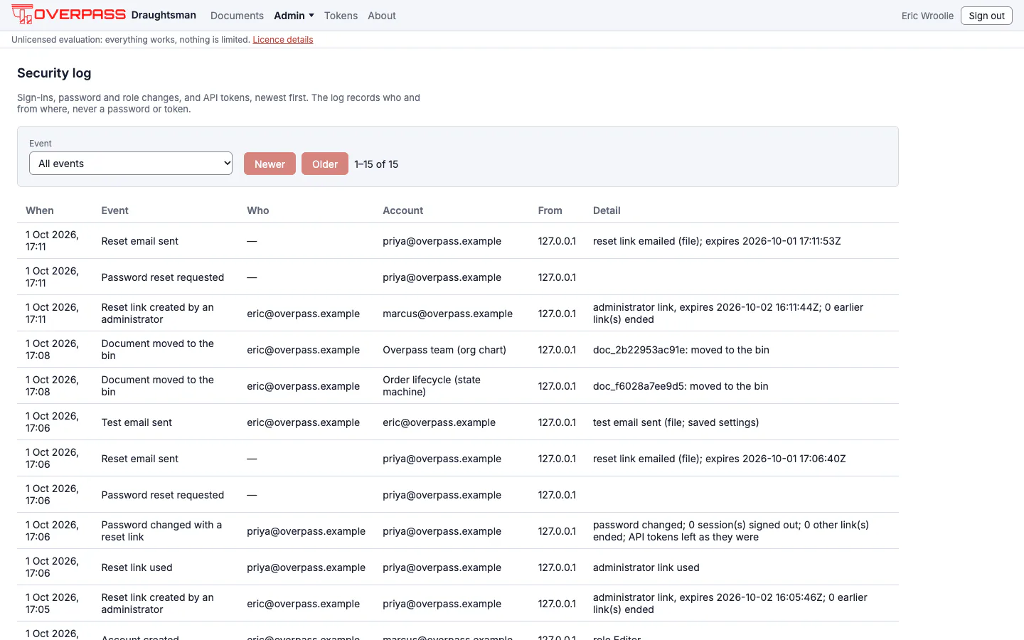 The security log page: a table of events such as password resets, reset links created by an administrator and documents moved to the bin, each with the time, who did it, the account and the source address.
