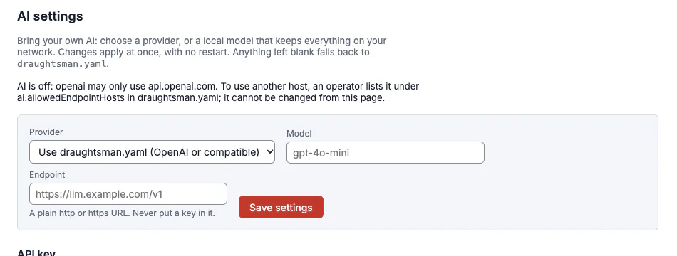 The AI settings page with a red banner: openai may only use api.openai.com. To use another host, an operator lists it under ai.allowedEndpointHosts in draughtsman.yaml; it cannot be changed from this page.