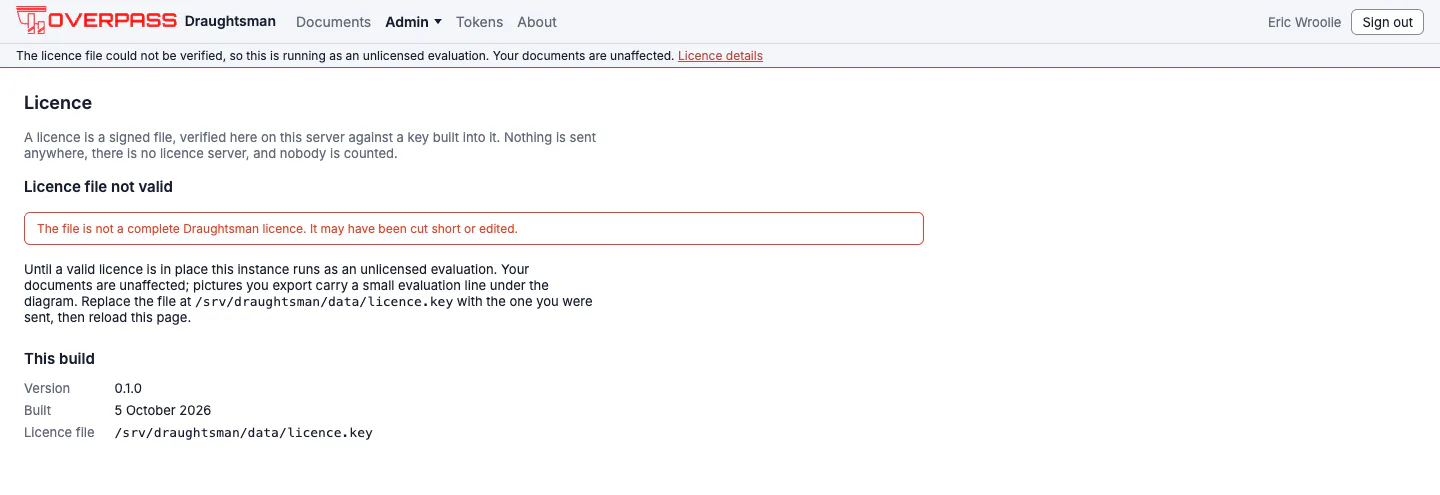 The Licence page for an instance with an invalid licence file: a heading reading Licence file not valid, the reason The file is not a complete Draughtsman licence. It may have been cut short or edited, and the note that the instance is running as an unlicensed evaluation.