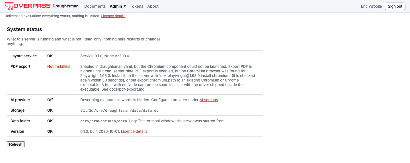 The System status page with PDF export marked Not installed and the hint to install Chromium or set export.chromium.path.