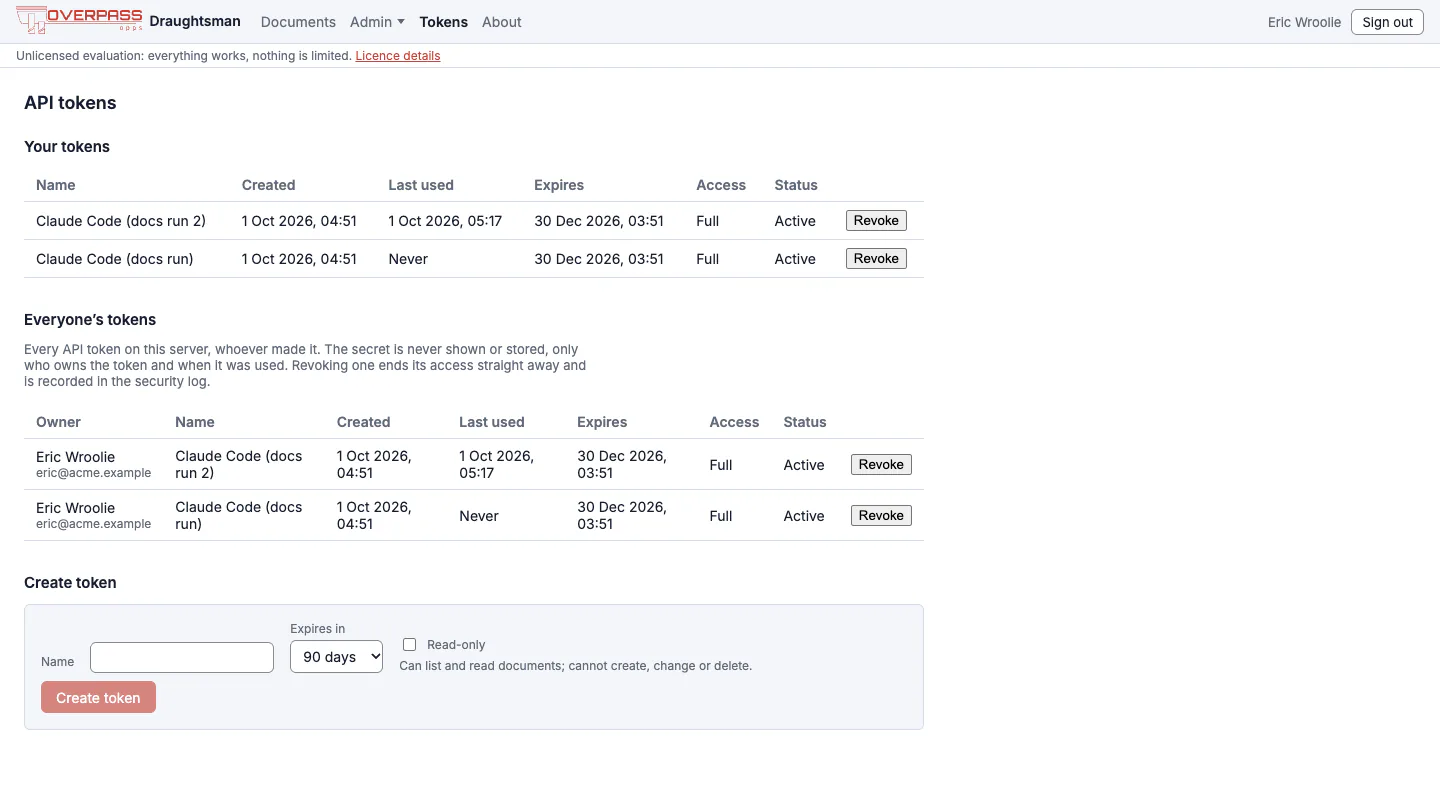 The API tokens page listing two tokens named Claude Code with created, last used, expiry, access and status columns, then Everyone's tokens for administrators, then a Create token form with a name, an expiry choice and a Read-only checkbox.