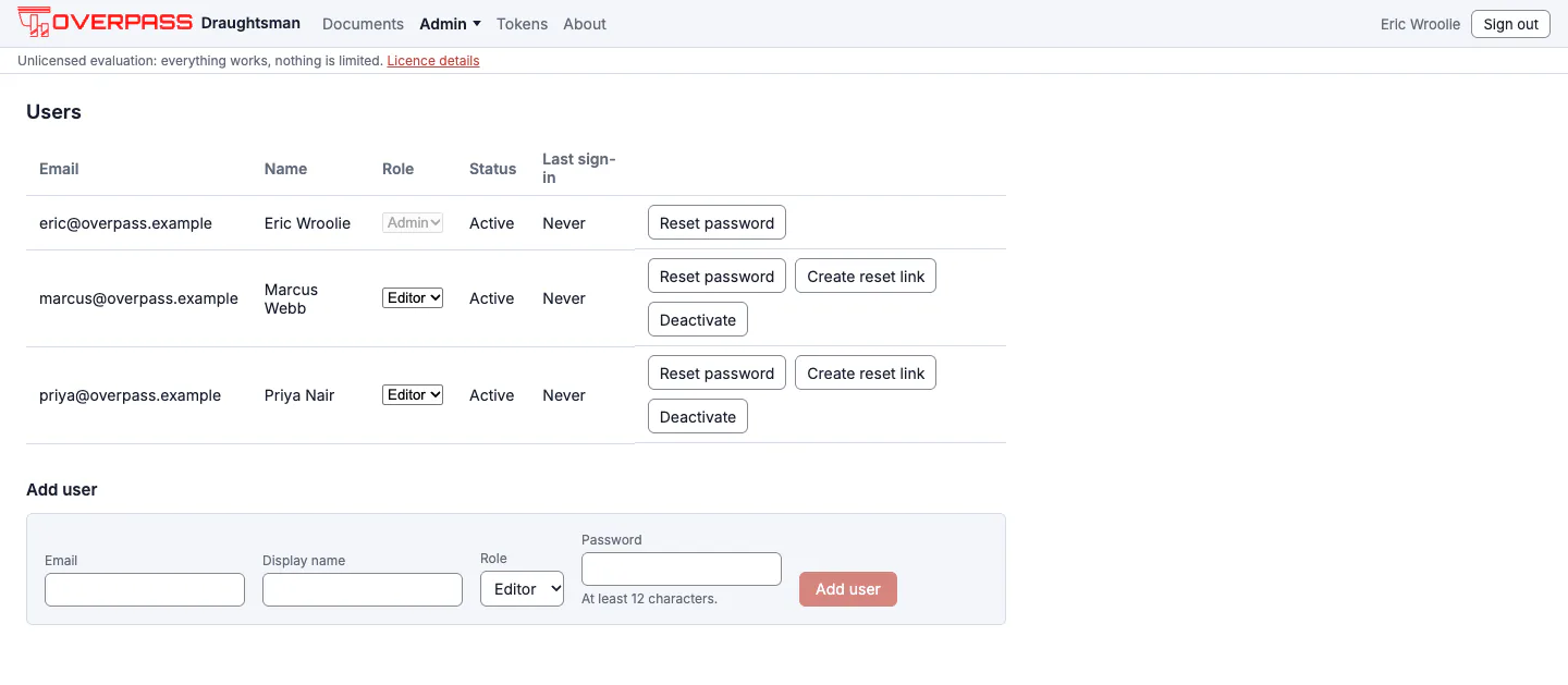 The Users page: a table of three accounts (an Admin and two Editors) with email, name, role drop-down, status, last sign-in and Reset password or Deactivate buttons, and an Add user form below.