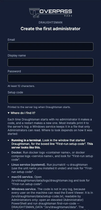 The first-run page with the Where do I find it help open, listing where the setup code is for a terminal, Docker, a Linux systemd service, a macOS service and a Windows service.