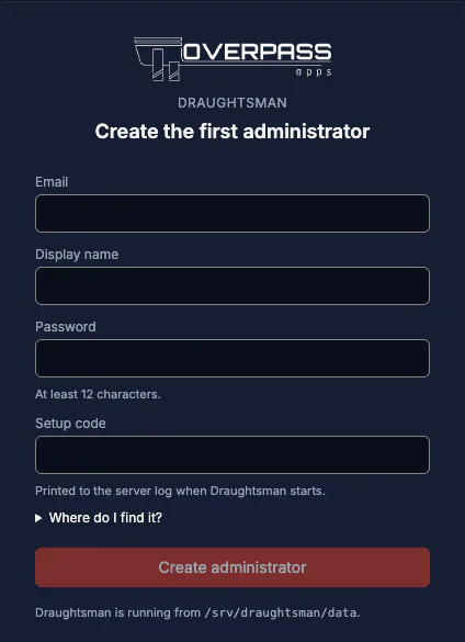 The Create the first administrator page: fields for email, display name, password and setup code, a help link, and a Create administrator button.