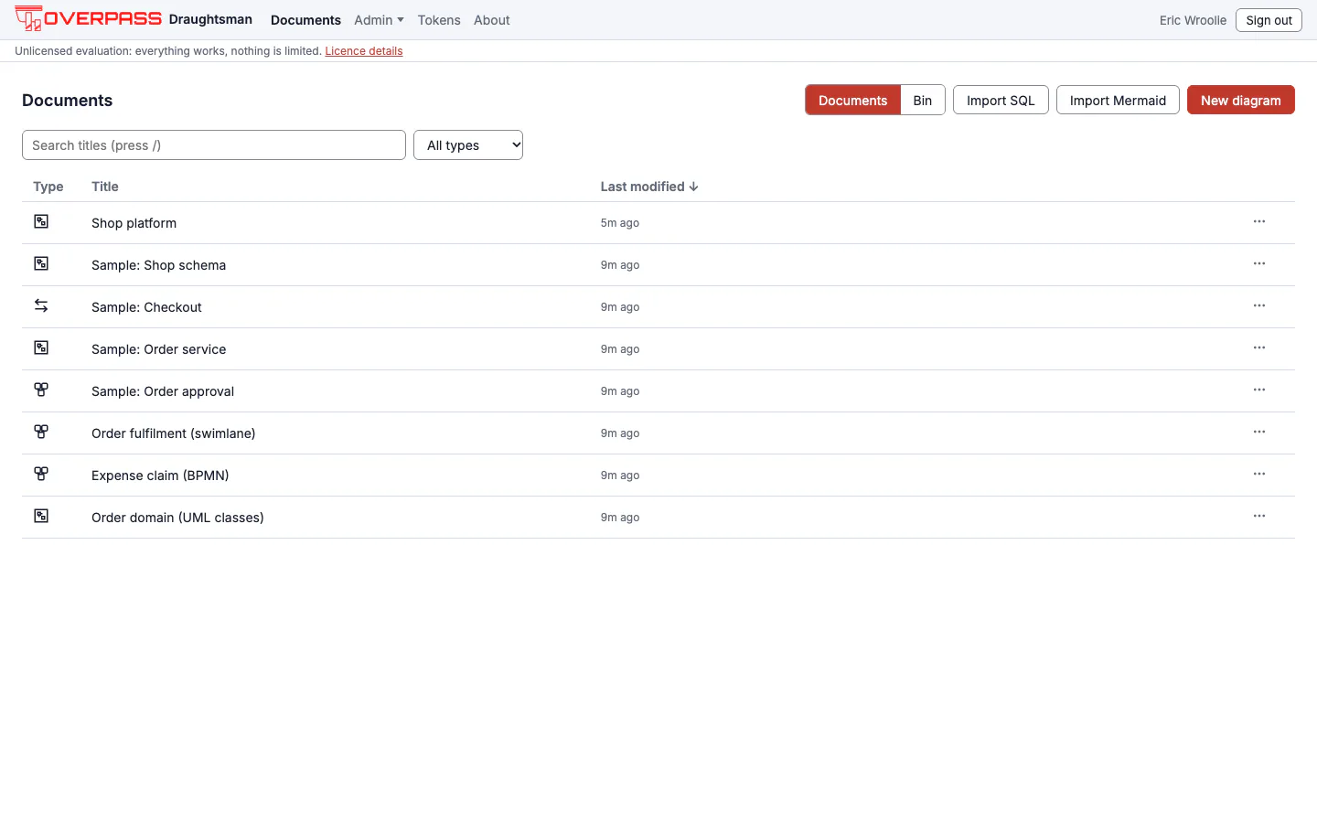The home page: a Documents heading, Bin, Import SQL, Import Mermaid and New diagram buttons, a search box and type filter, and a table of eight diagrams with a type icon, title and last-modified age.