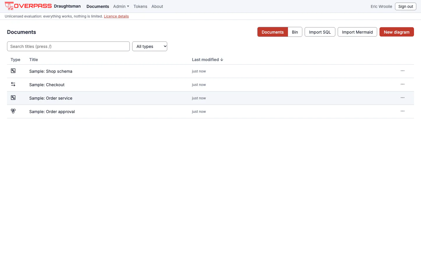 The Documents list after pressing Add four sample diagrams: Sample: Shop schema, Sample: Checkout, Sample: Order service and Sample: Order approval, newest first.