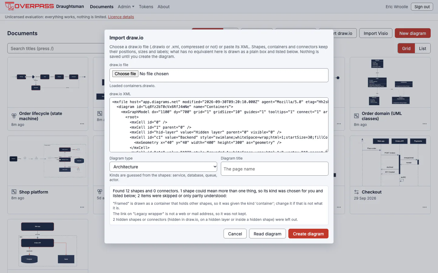 The Import draw.io dialog with a file loaded and Architecture selected: Found 12 shapes and 0 connectors, one shape's kind chosen for you, and warnings about a link that is not a web address and two hidden shapes left out.