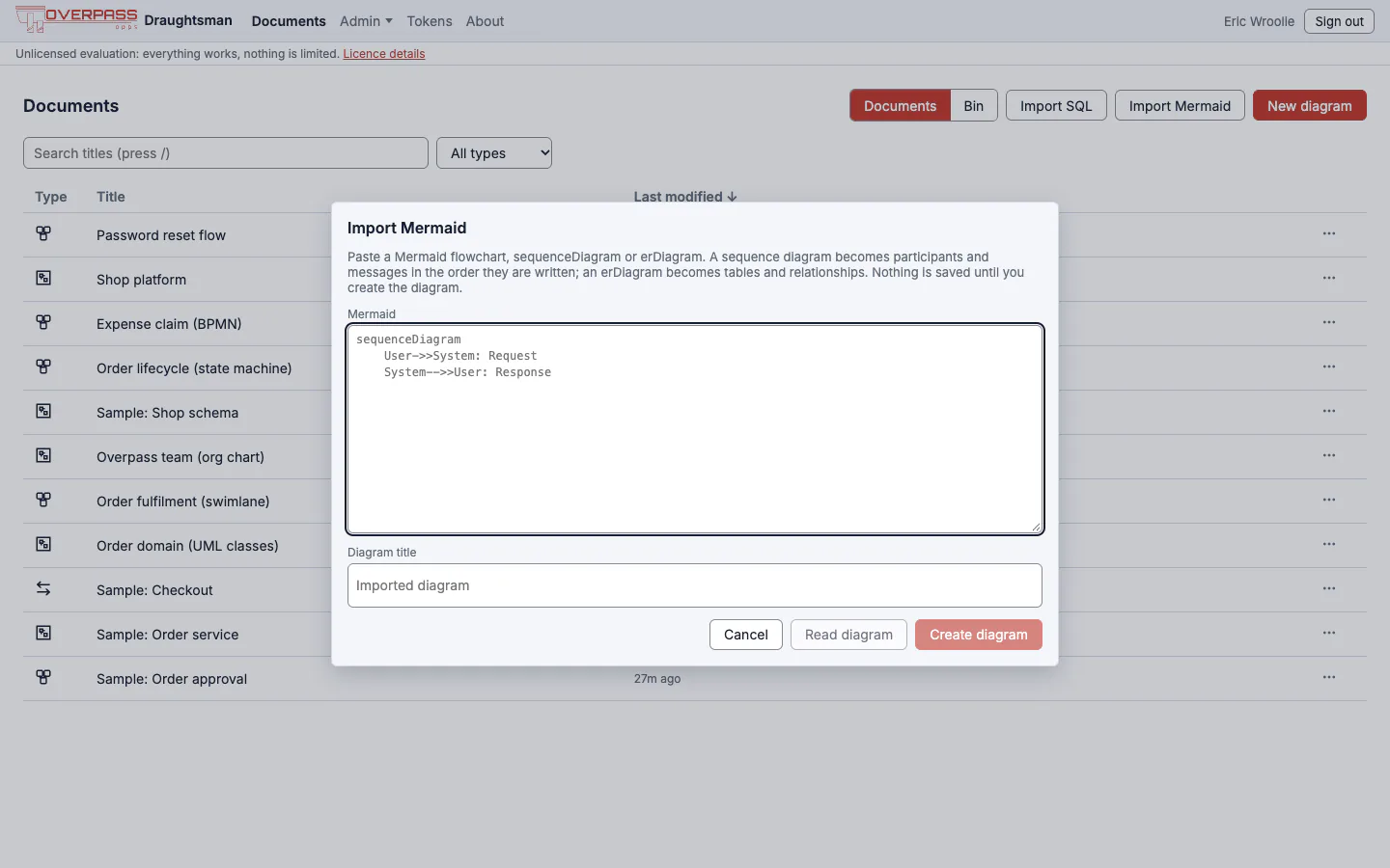 The Import Mermaid dialog open over the home page: a text area with a sequence diagram sample, a diagram title field, and Cancel, Read diagram and Create diagram buttons.