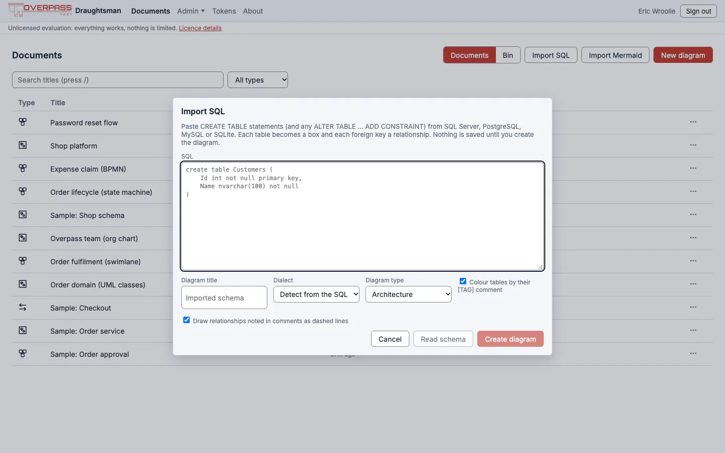 The Import SQL dialog open over the home page, with a SQL dialect choice, a text area, and Read diagram and Create diagram buttons.