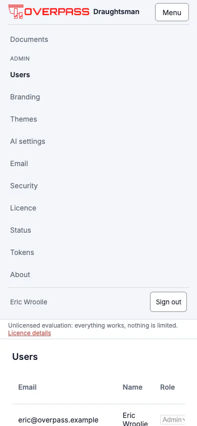 A 390 pixel wide window: the Overpass logo and a Menu button at the top, and the open menu listing Documents, the Admin pages (Users, Branding, Themes, AI settings, Email, Security, Licence, Status, Tokens), About, the signed-in name and Sign out, above the Users page.
