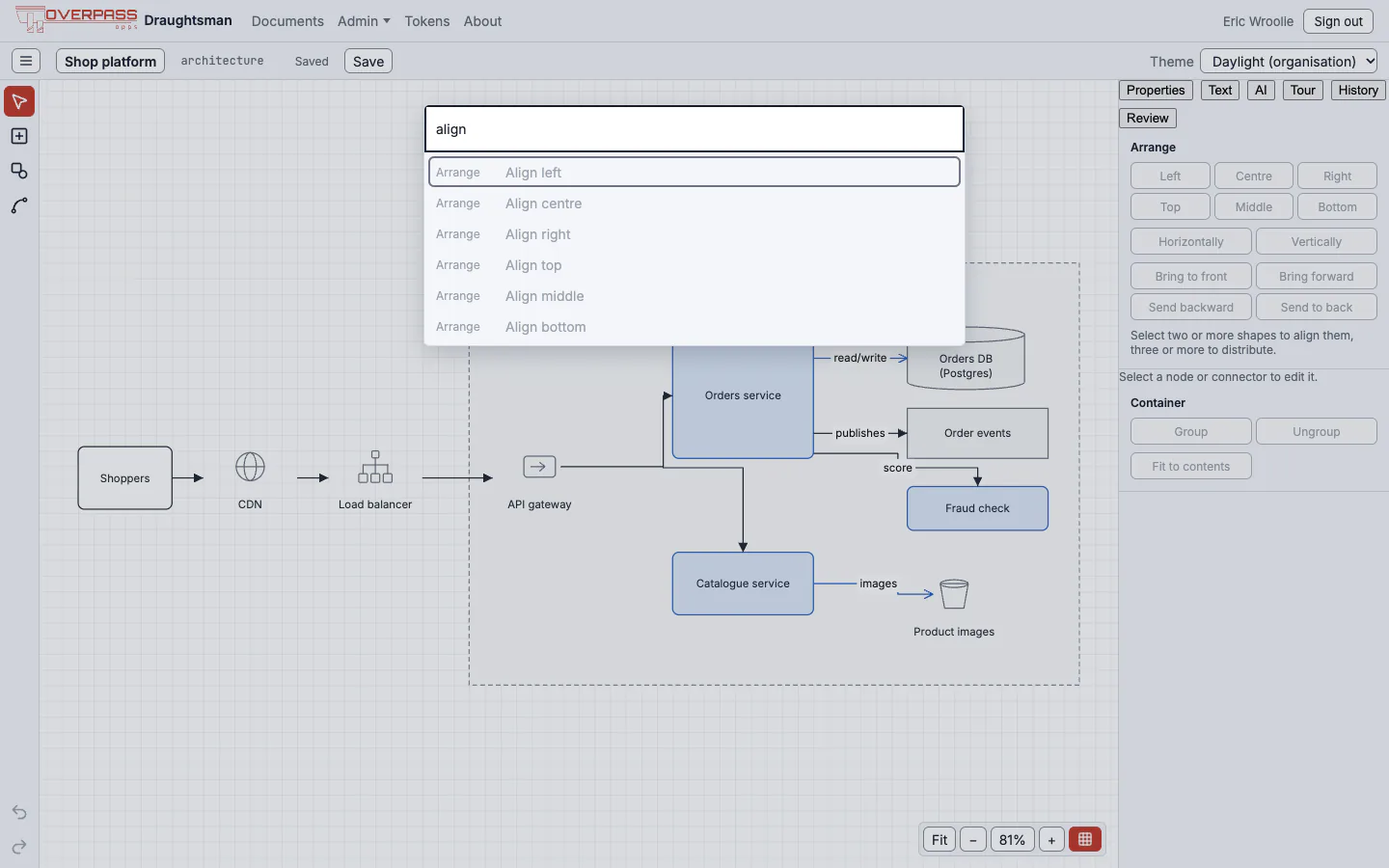 The command palette open over the editor with the word align typed, listing Align left, centre, right, top, middle and bottom.