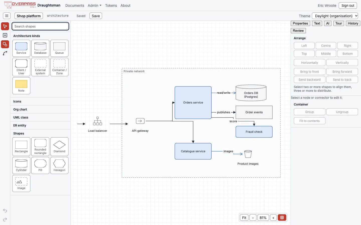 The editor with the shape panel open on the left: a search box, Architecture kinds (service, database, queue, client or user, external system, container or zone, note), collapsed groups for Icons, Org chart, UML class and ER entity, and a Shapes group with rectangle, rounded rectangle, diamond, cylinder, pill, hexagon and image.