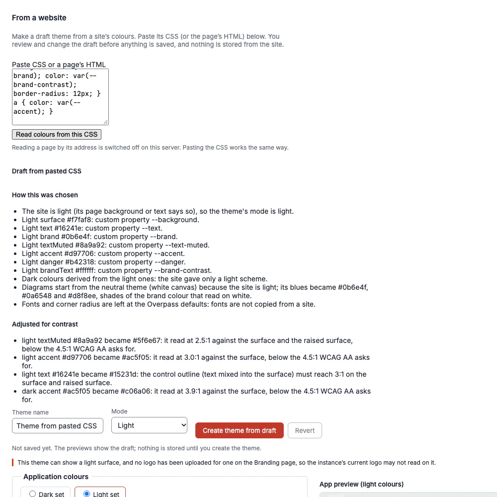 The From a website section of the Themes page after pasting a stylesheet: a Draft from pasted CSS heading, a How this was chosen list naming each custom property the colours came from, and an Adjusted for contrast list showing four colours that were moved and why, followed by the draft's name, mode and a Create theme from draft button.
